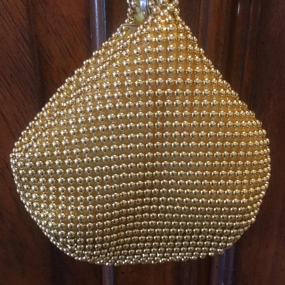 Gold Bead Mesh Sparkle Evening Bag Party Pouch Wristlet - Picture 3 of 12